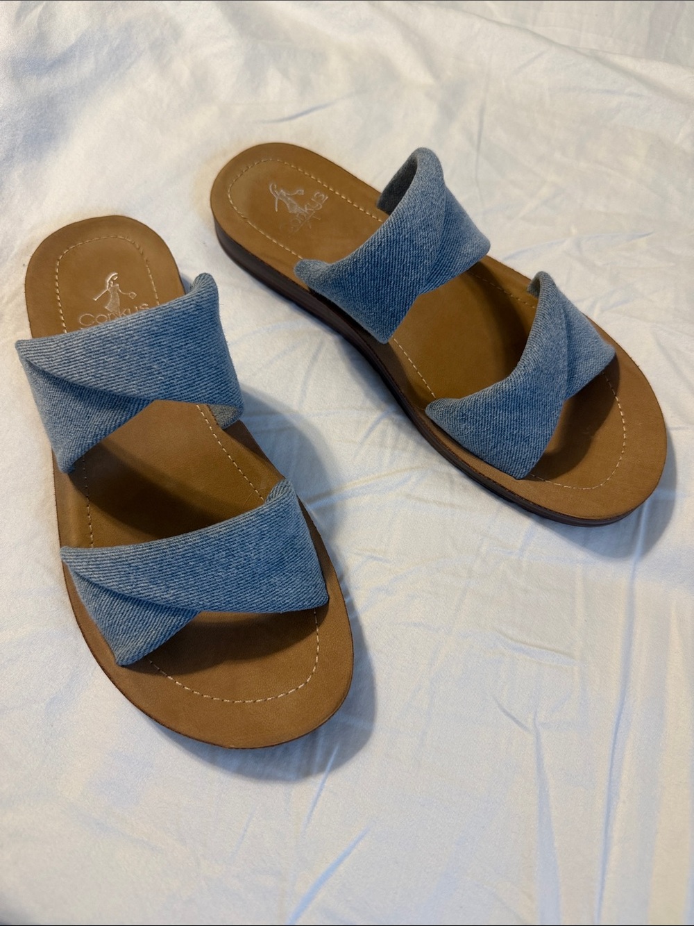 Corkys Comfortable Slide Sandals with Denim Straps - Blue